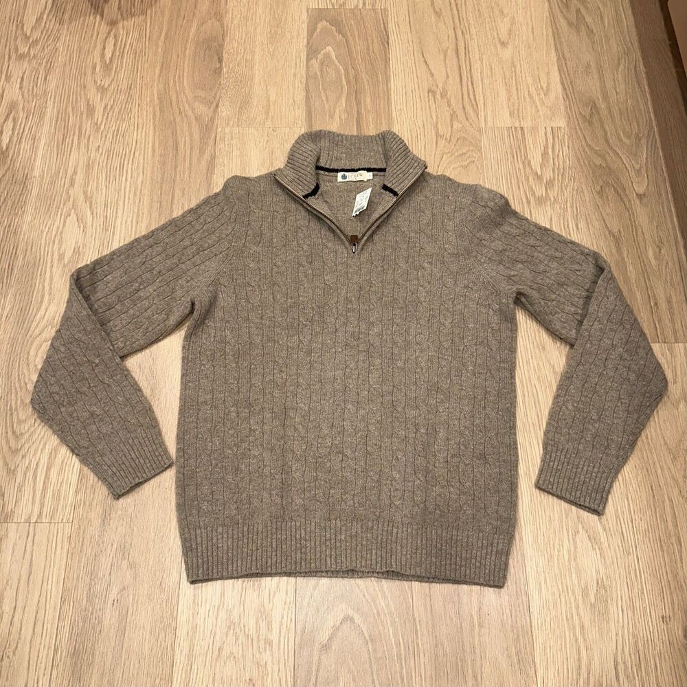 NWT J Crew Cable Knit Quarter Zip Pullover Sweater Beige Lambs Wool Mens Medium